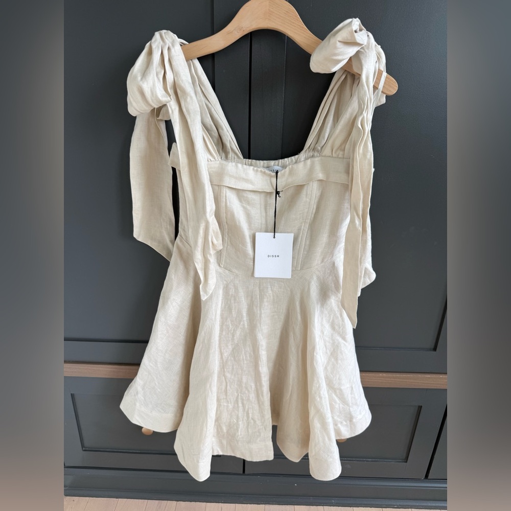 NWT DISSH Natural Linen Aisle Pearl Mini Bow Dress • 4 - Picture 6 of 11